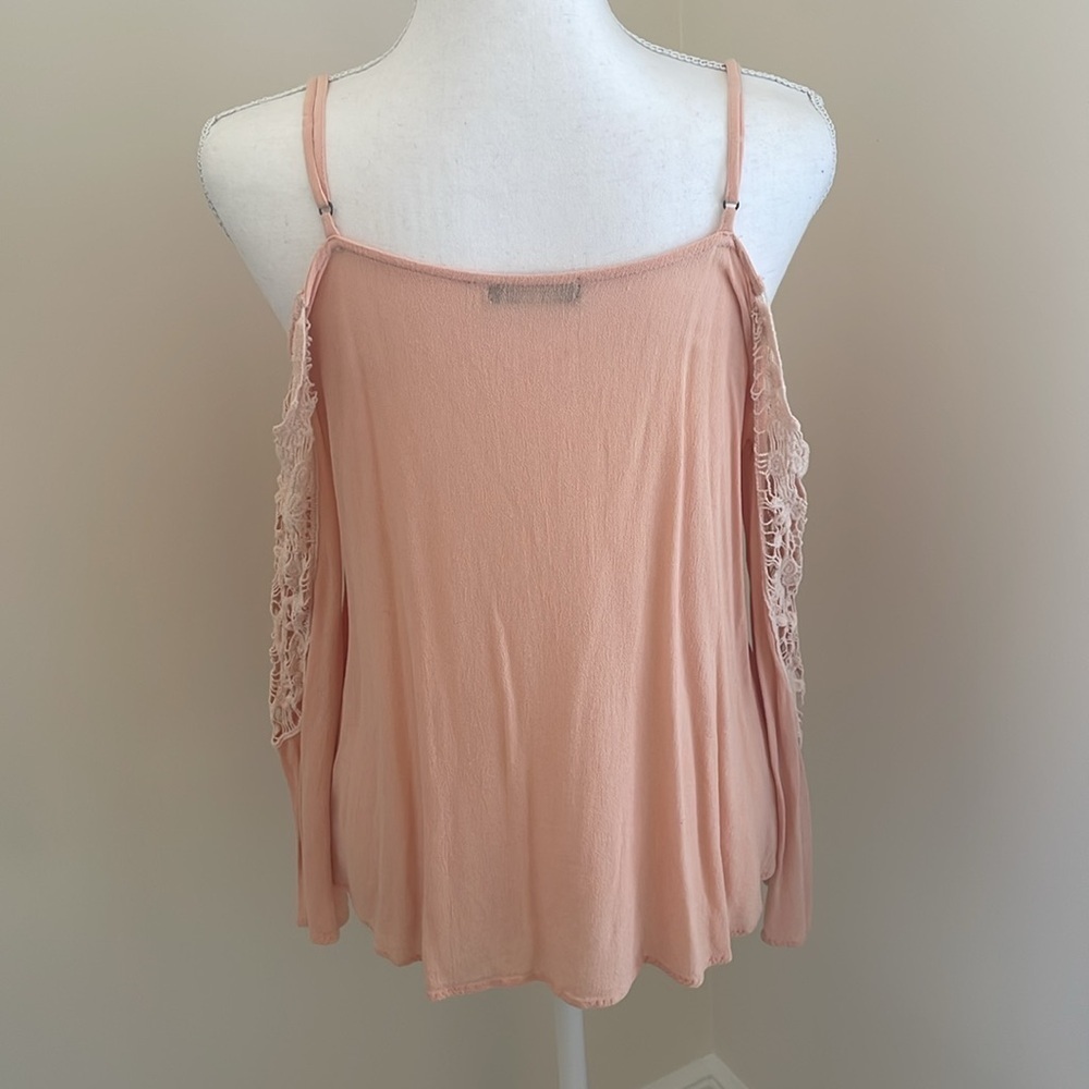 DNA Pale Salmon Color Rayon Cold Shoulder Top with Lace Trim. Medium - Picture 3 of 8